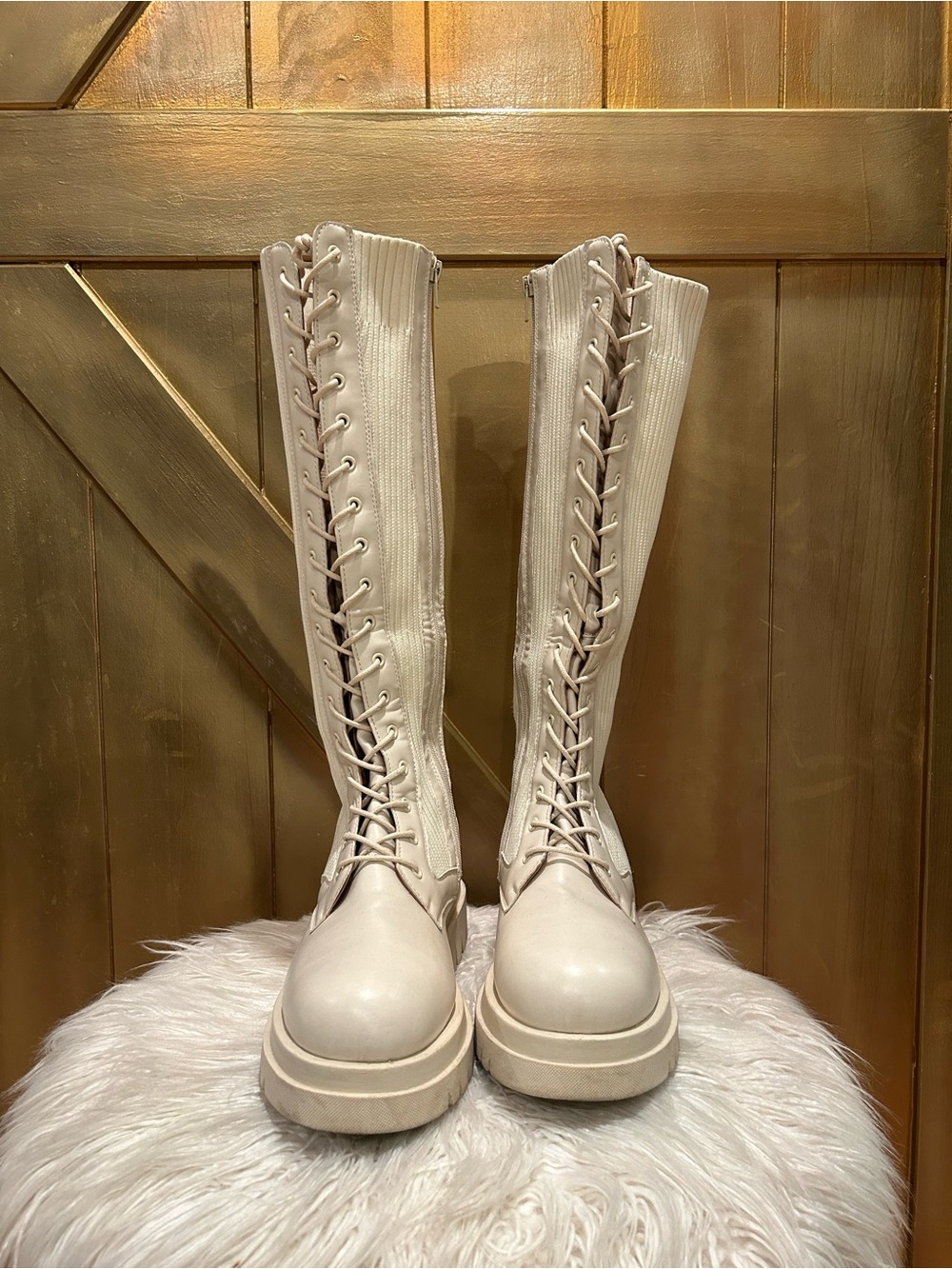 PrettyLittleThing Cream Lace-Up Over-The-Knee Combat Boots